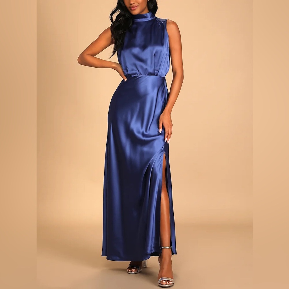 Lulus Classic Blue Satin Sleeveless Mock Neck Maxi Dress Elegant Cocktail Prom